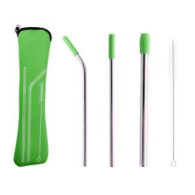 5pcs Set Stainless Steel Straws; Reusable Metal Straws With Silicone Tips; Sturdy Bent Straight Drinks Straw; Food Grade Straw; With 3pcs Straws; 1pc (Color: Green)