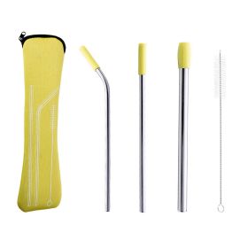 5pcs Set Stainless Steel Straws; Reusable Metal Straws With Silicone Tips; Sturdy Bent Straight Drinks Straw; Food Grade Straw; With 3pcs Straws; 1pc (Color: Yellow)