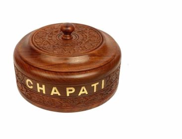 WILLART Handicraft Wooden Stainless Steel Bread Chaoati Casserole with Copper Finish Design; 1200 ml (Brown; 9 X 9 X 3.5 Inch ) (Brown: ENGRAVED)