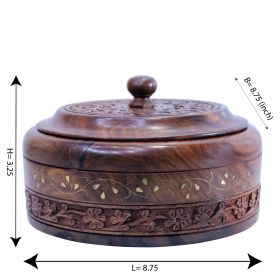 WILLART Handicraft Wooden Stainless Steel Bread Chaoati Casserole with Copper Finish Design; 1200 ml (Brown; 9 X 9 X 3.5 Inch ) (Brown: COPPER FINISH)